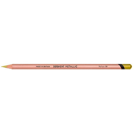 Bright yellow Derwent Metallic Pencil, perfect for adding highlights and depth to artwork with a smooth, lustrous finish.