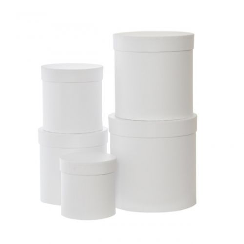 Elegant white round gift flower boxes set of 5, varying heights from 13cm to 21cm, perfect for floral arrangements.