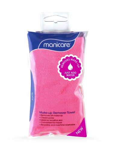 Soft pink Manicare Make-up Remover Towel, gently cleanses skin and removes make-up with just water, perfect for travel and all skin types.