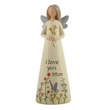 Handcrafted 13cm Mum Angel Figurine with "I Love You Mum" inscription, a heartfelt gift symbolizing love and appreciation.