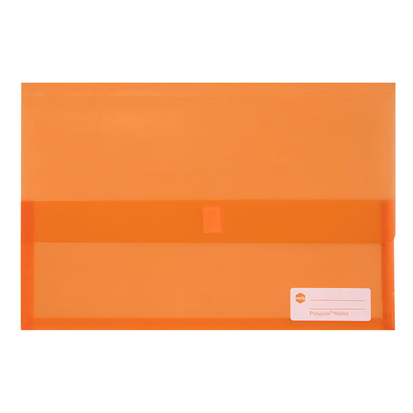 Translucent orange document wallet with 25mm gusset, touch fastener, and write-on identification panel for easy organization.