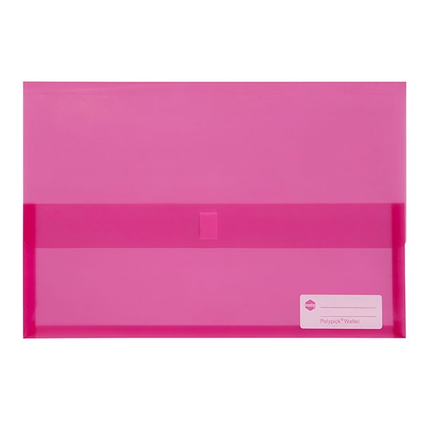 Translucent pink Marbig wallet with 25mm gusset, touch fastener, and write-on ID panel for organized document storage.