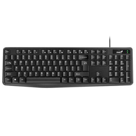 Genius KB-117 USB wired keyboard in black, featuring concave keycaps for improved typing comfort and efficiency.