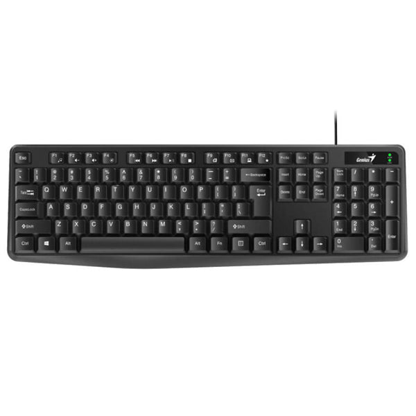 Genius KB-117 USB wired keyboard in black, featuring concave keycaps for improved typing comfort and efficiency.