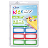 Avery Kids Durable Labels with vibrant green, blue, and red borders, ideal for school supplies and creative projects.