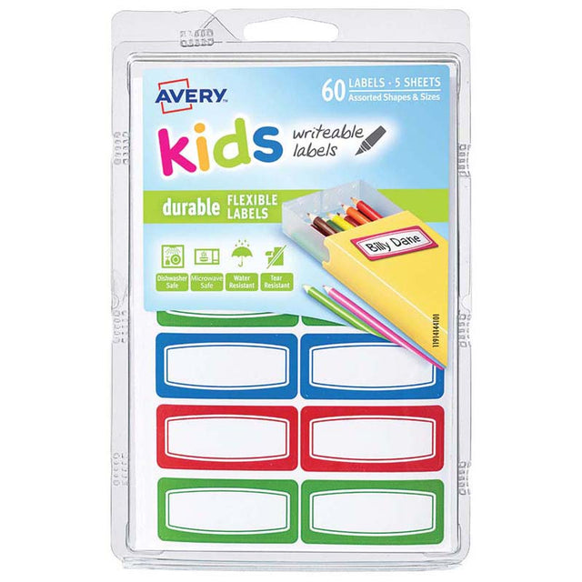 Avery Kids Durable Labels with vibrant green, blue, and red borders, ideal for school supplies and creative projects.