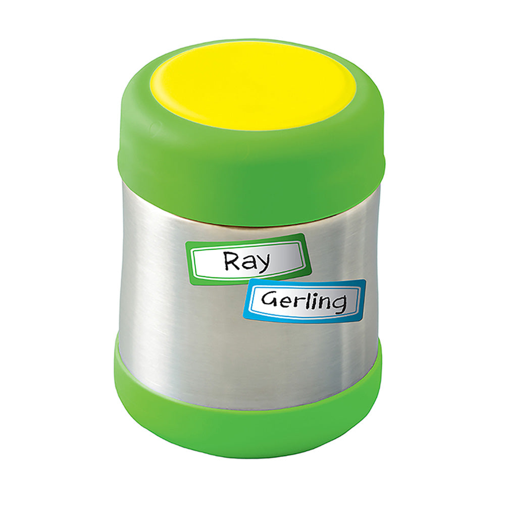 Avery Kids Durable Labels with green, blue, and red borders, perfect for organizing and personalizing school items and toys.