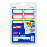 Avery Kids Durable Labels with vibrant borders, 44x19mm, ideal for school and home organization, stick to various surfaces.