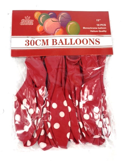Red 30cm balloons with white polka dots, perfect for parties, durable for air or helium, pack of 10 for festive decorations.