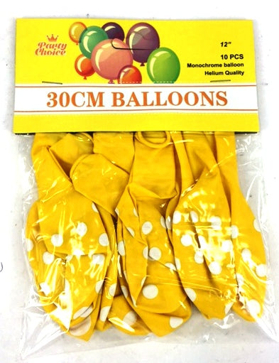 Vibrant yellow 30cm polka dot balloons in a pack of 10, perfect for festive celebrations and versatile decorations.