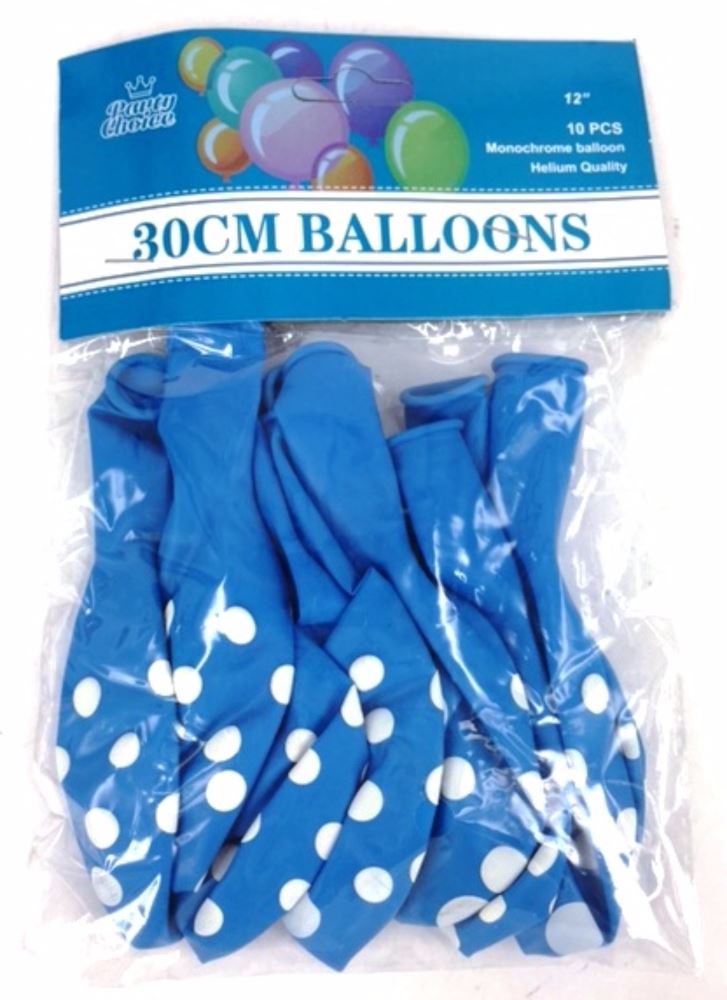 Light blue 30cm balloons with polka dots, perfect for parties, with 10 units suitable for air or helium inflation.