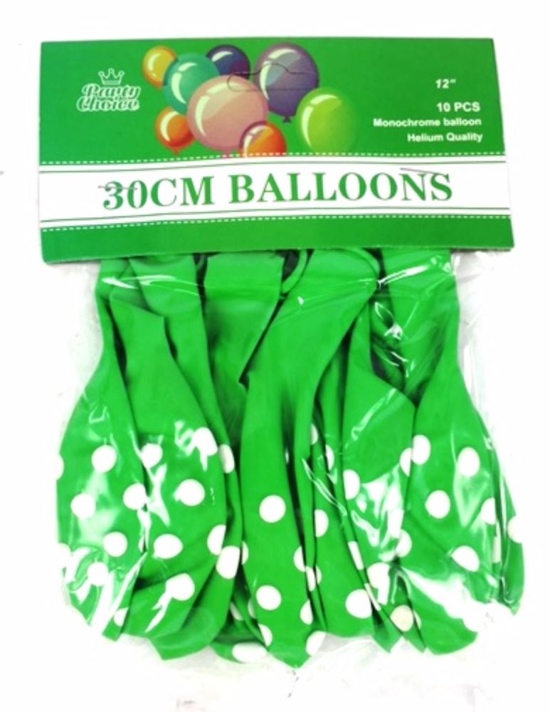 Light green 30cm balloons with polka dots, pack of 10, perfect for vibrant party decor and celebrations.