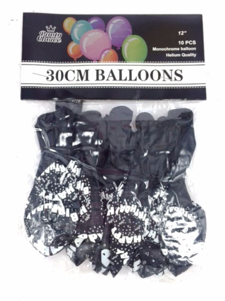 Black 30cm balloons pack for birthday celebrations, ideal for air or helium, stylish and versatile for any occasion.