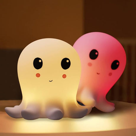 Adorable octopus-shaped LED night light in soft silicone, providing a soothing glow for kids' bedtime comfort and safety.