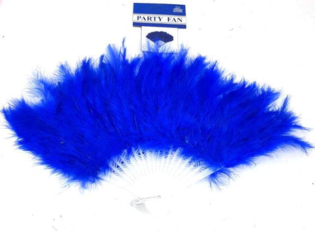 Blue hand fan with thick feathers, measuring 25cm, perfect for costumes, decor, and special occasions, now on clearance.