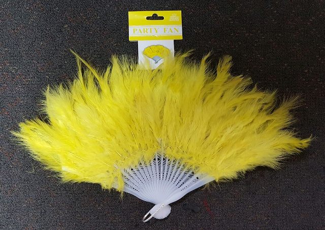 Vibrant yellow hand fan adorned with thick feathers, perfect for stylish summer events and unique decor accents.