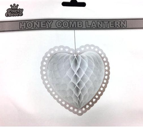 White heart-shaped honeycomb lantern, 25cm, crafted from tissue paper, perfect for events and home decor.