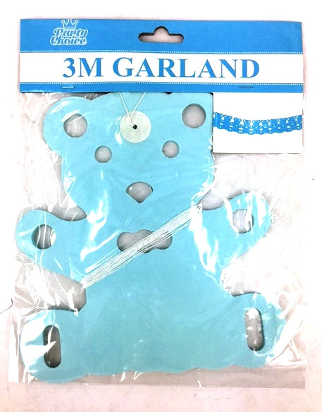 Blue teddy bear paper garland, 3 meters long, perfect for baby showers and parties, crafted from high-quality tissue paper.