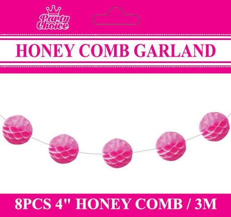 Hot pink honeycomb garland, 3 meters long, featuring 8 vibrant lanterns for festive event decor.