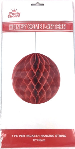 Red honeycomb lantern made of tissue paper, perfect for parties and home decor, measures 30cm for an elegant touch.