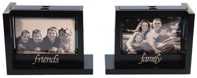 Stylish black wood bookends featuring 'Family' and 'Friends' cutouts, perfect for organizing books and displaying photos.