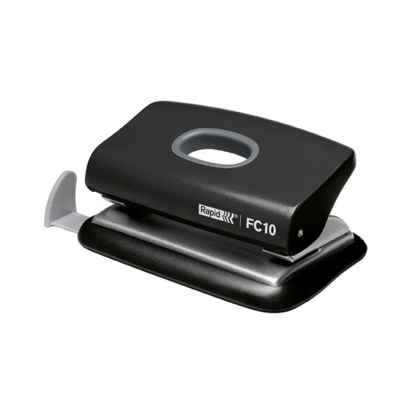 Compact black hole punch for home or school, punches up to 10 sheets, features a sturdy base and adjustable paper guide.