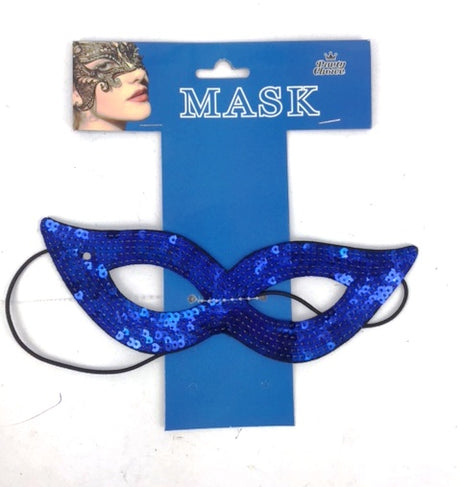 Shiny blue Catwoman masquerade mask with intricate design, featuring a flexible fit and black stretch ribbon for secure wear.