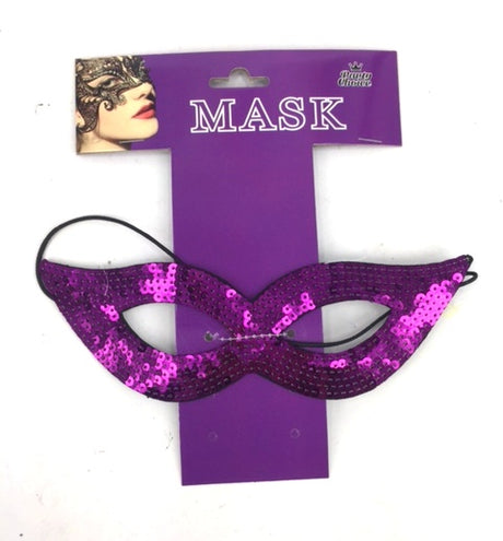 Purple Shinny Catwoman masquerade mask featuring intricate details, flexible fit, and black stretch ribbon for secure wear.