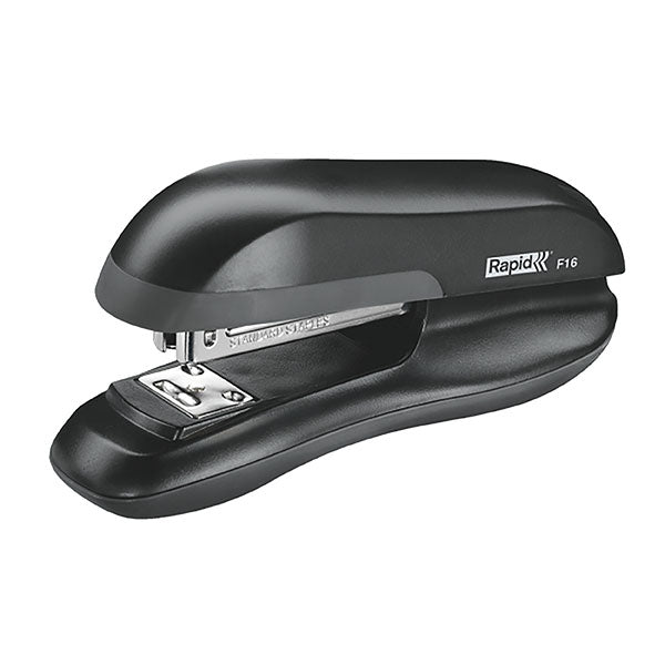 Sleek black Rapid Stapler F16 with ergonomic design, staples up to 20 sheets, steel mechanism, and non-slip base.