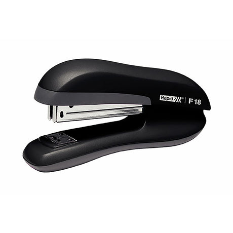 Sleek black Rapid F18 stapler, ergonomic design, staples up to 20 sheets, with steel mechanism and low staple indicator.