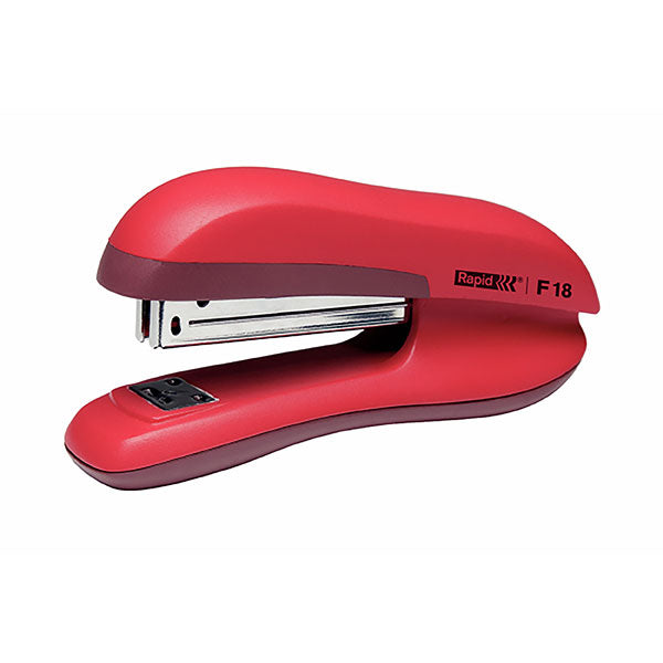 Rapid Stapler F18 in red clamshell, ergonomic design, staples up to 20 sheets, durable steel mechanism, ideal for office use.