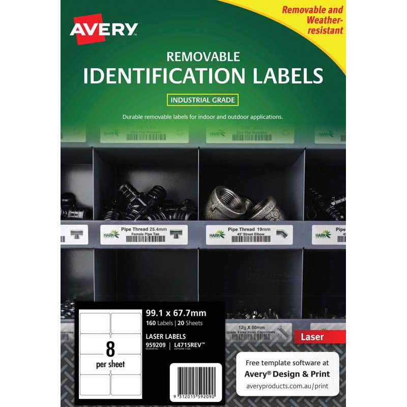 Avery Weather Resistant Removable Label L4715 Laser 99.1x67.7mm White 8up 20 Sheets