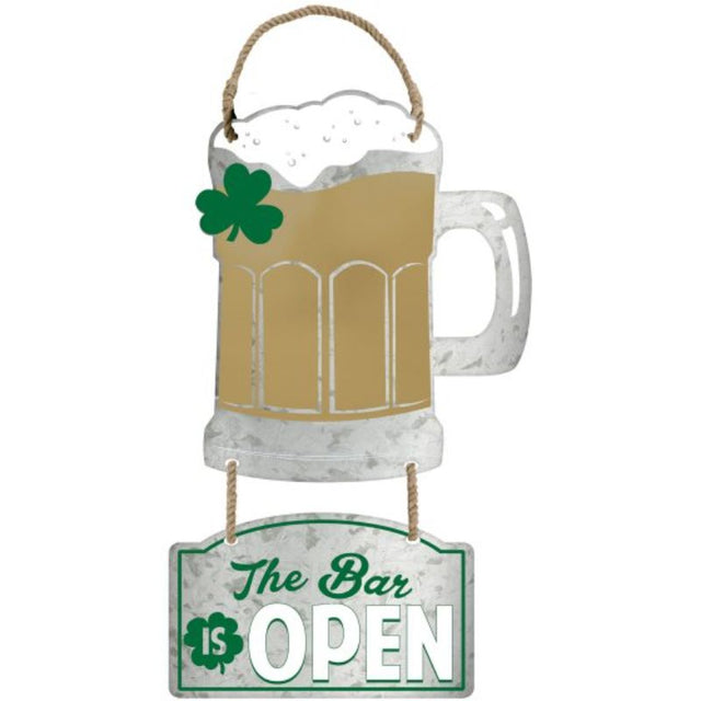 Vibrant metal sign featuring 'The Bar is OPEN' and a beer mug, perfect for St. Patrick's Day celebrations.