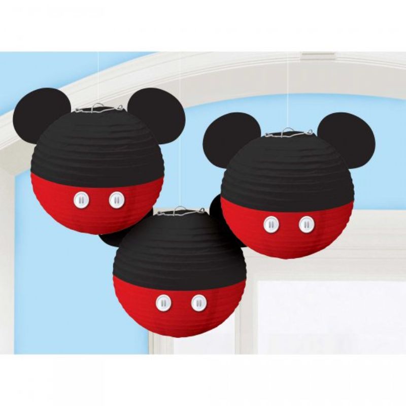 Vibrant Mickey Mouse paper lanterns with ears, perfect for Disney-themed parties and celebrations, pack of 3.