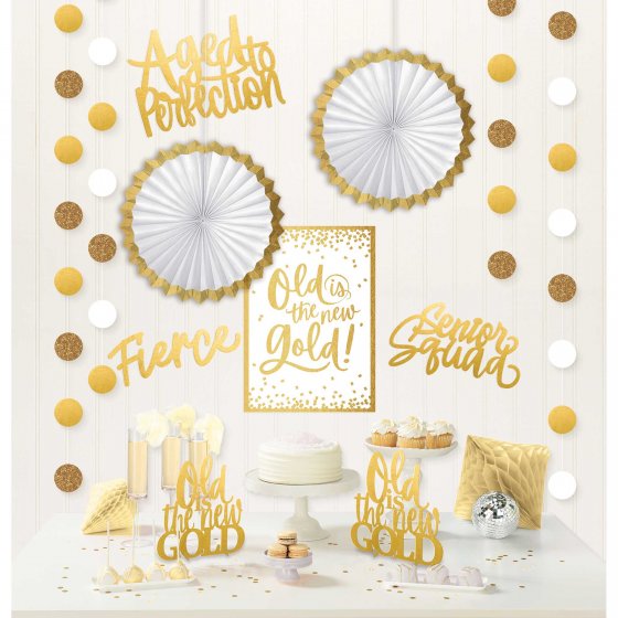 "Decorative kit for milestone birthdays featuring string decorations, centerpieces, and vibrant fans for festive celebrations."