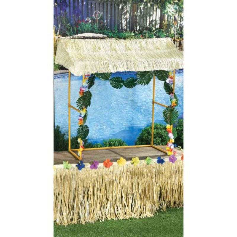 Tiki Bar Hut Tabletop Kit featuring a vibrant roof, flower and leaf garlands, perfect for outdoor gatherings and summer fun.