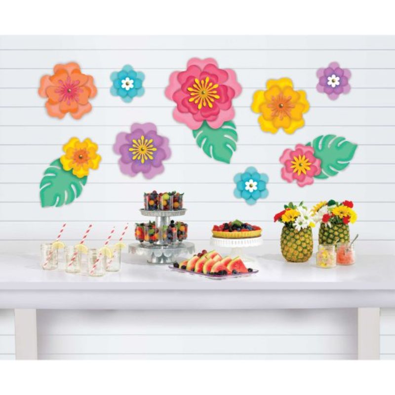 Brightly colored set of 12 lightweight hibiscus flowers for versatile wall or table decorations, perfect for summer themes.