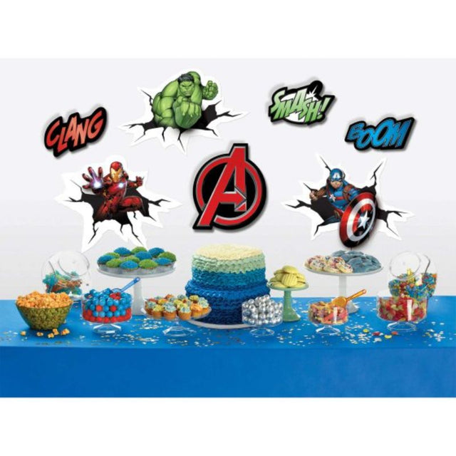 Colorful 3D cutouts of Iron Man, Captain America, and Thor to decorate kids' rooms with a superhero theme.