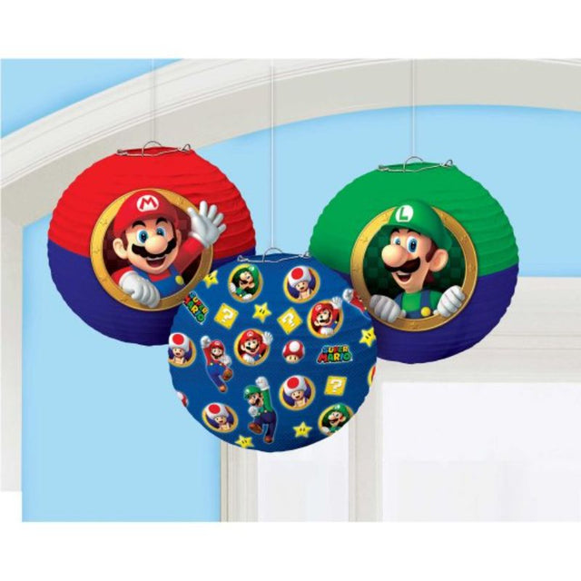 Colorful Super Mario paper lanterns featuring Mario, Luigi, and Princess Peach, perfect for themed parties and celebrations.