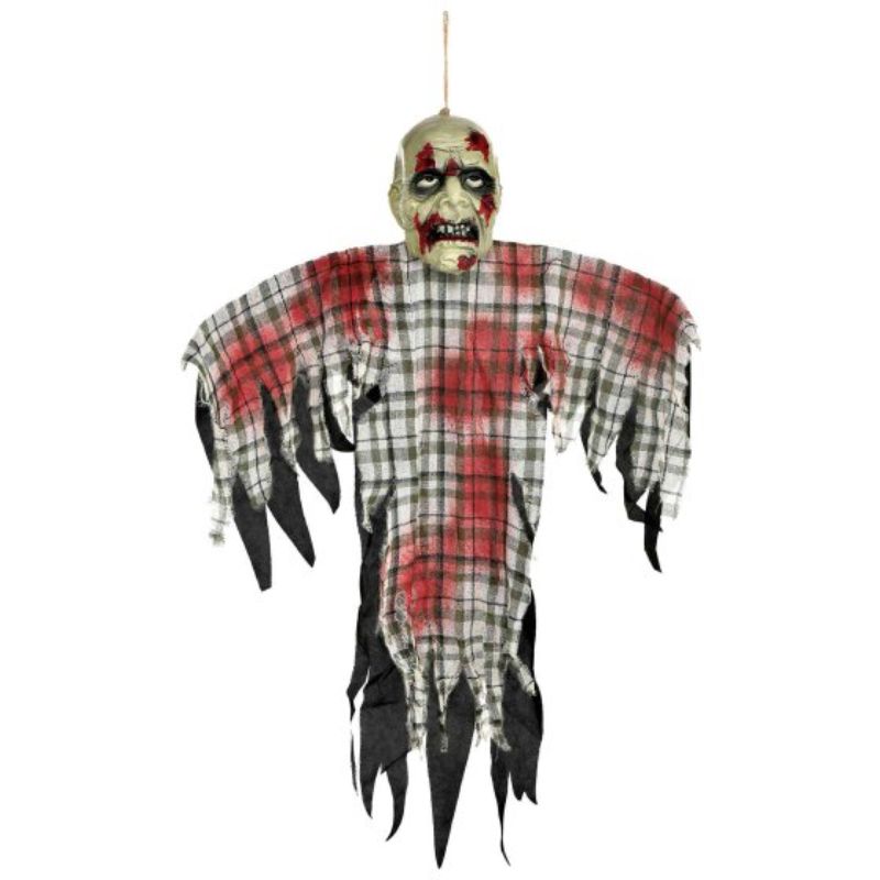 Realistic 1.21m zombie hanging prop, perfect for chilling Halloween decor indoors or outdoors.