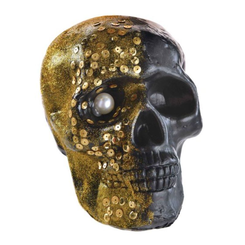 "Glamorous skull decoration in black and silver, measuring 22cm x 14cm x 16cm, perfect for Halloween or gothic home decor."