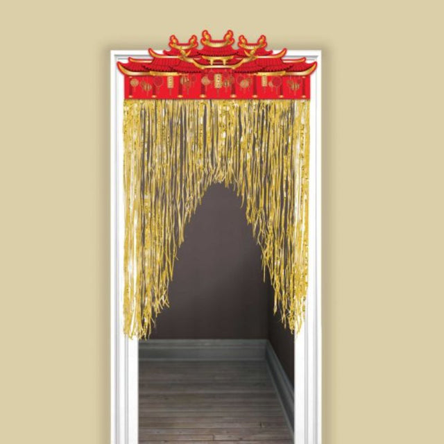 Vibrant hot-stamped door curtain featuring Chinese symbols, 99cm x 139cm, perfect for festive Lunar New Year decor.