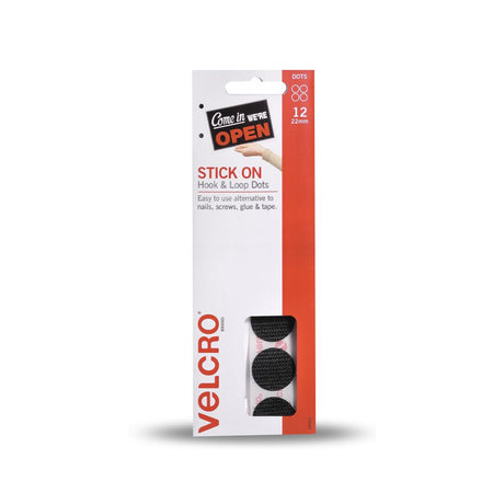 Black VELCRO® Handydots, 22mm, set of 12, ideal for organizing and mounting items without damaging surfaces.