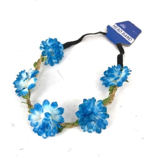 Boho flower headband featuring blue chrysanthemum garlands, perfect for festivals, weddings, and stylish parties.