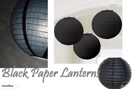 8" black paper lanterns in bulk, crafted with quality rice paper and bamboo, perfect for weddings and events.
