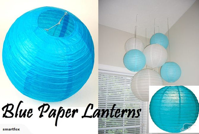 Bright blue 12" paper lanterns in a set of 10, perfect for festive events and easy to hang with included instructions.