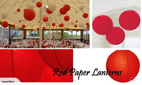 Vibrant 12" red paper lanterns, set of 10, perfect for festive events, crafted with rice paper and bamboo ribbing.