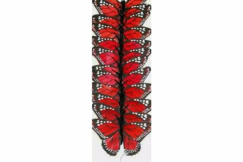 Pack of 12 vibrant 9cm artificial Monarch butterflies with bendable wire bodies for versatile home and event decor.