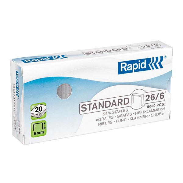 Rapid Staples 26/6mm in a box of 5000, designed for reliable stapling of up to 20 sheets with sharp edges and soft wire comfort.