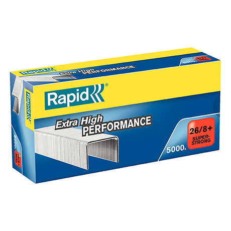 Box of 5,000 Rapid 26/8mm staples designed for heavy-duty stapling, with sharp edges for optimal penetration and binding.